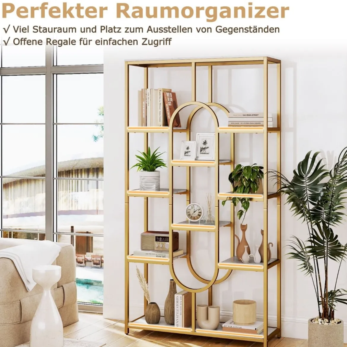5-stöckiges Bücherregal Standregal Geometrisches Aufbewahrungsregal Weiß & Gold