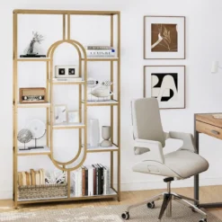 5-stöckiges Bücherregal Standregal Geometrisches Aufbewahrungsregal Weiß & Gold