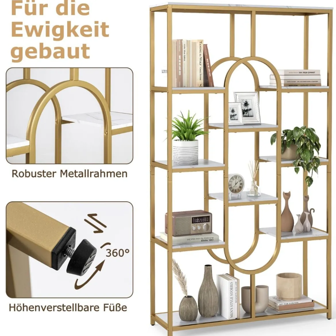 5-stöckiges Bücherregal Standregal Geometrisches Aufbewahrungsregal Weiß & Gold