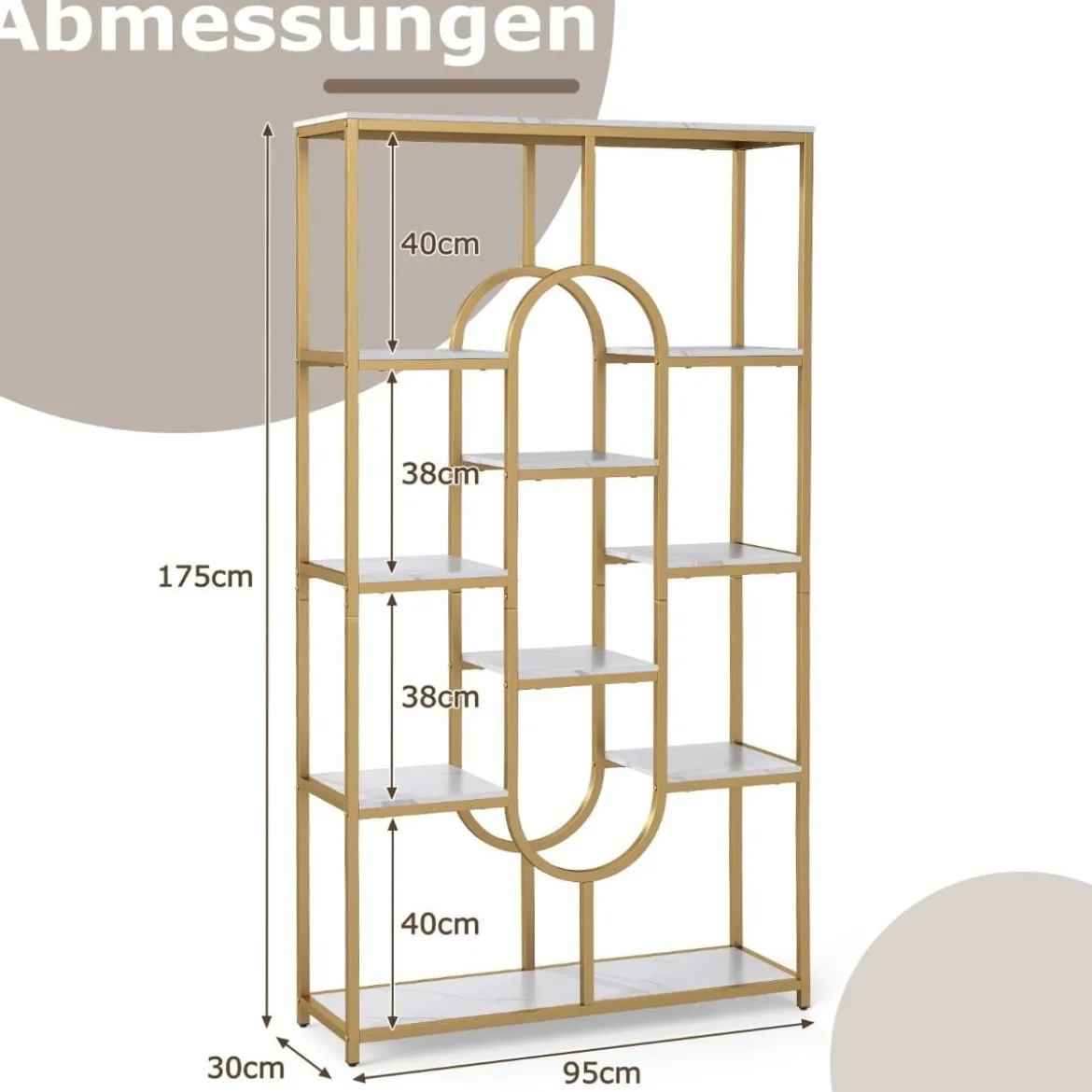 5-stöckiges Bücherregal Standregal Geometrisches Aufbewahrungsregal Weiß & Gold