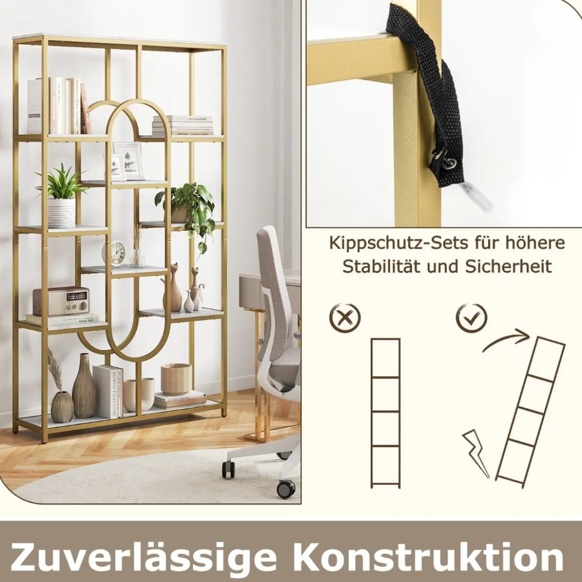 5-stöckiges Bücherregal Standregal Geometrisches Aufbewahrungsregal Weiß & Gold