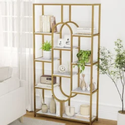 5-stöckiges Bücherregal Standregal Geometrisches Aufbewahrungsregal Weiß & Gold