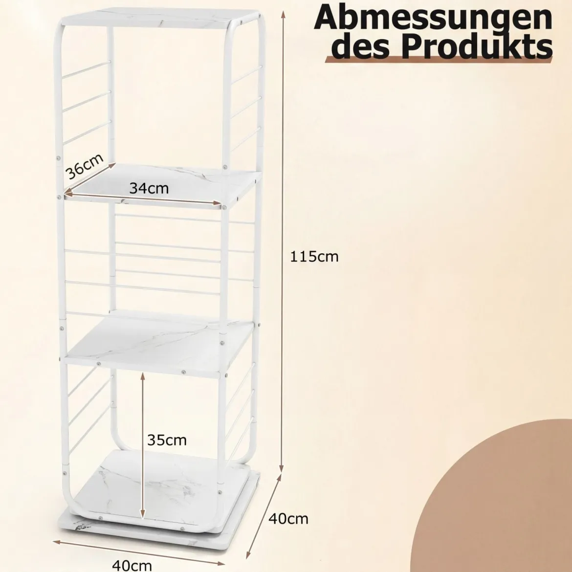 4-stöckiges drehbares Bücherregal 360° drehbarer Bücherturm mit Metallrahmen Weiß