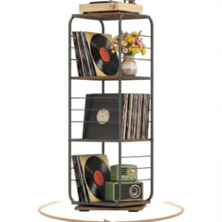 4-stöckiges drehbares Bücherregal 360° drehbarer Bücherturm mit Metallrahmen Rustikal Braun