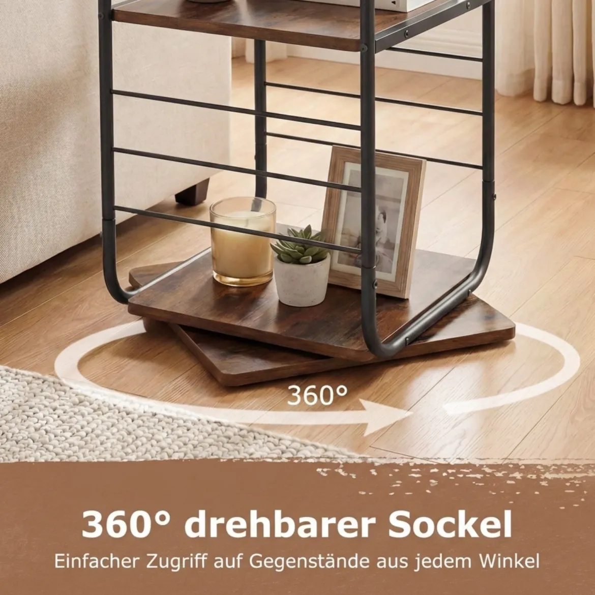4-stöckiges drehbares Bücherregal 360° drehbarer Bücherturm mit Metallrahmen Rustikal Braun
