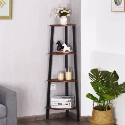 4-Stöckiges Eckregal Dekorationsregal für Home 35 x 35 x 125 cm Braun + Schwarz