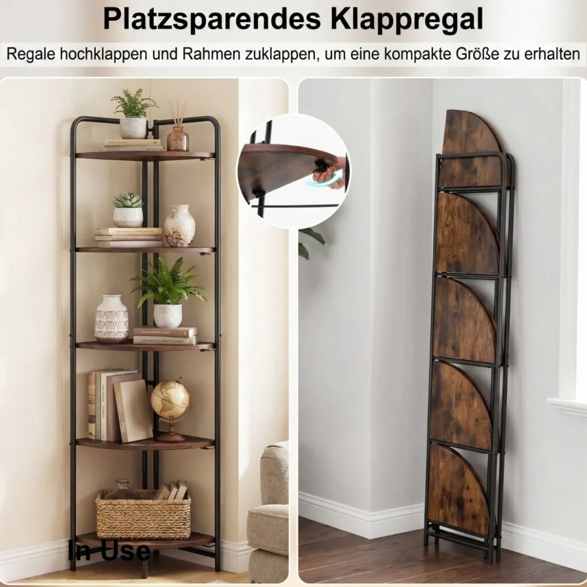 5 Stöckiges Eckregal mit Metallrahmen Klappbares Bücherregal Industrie Standregal Leiterregal