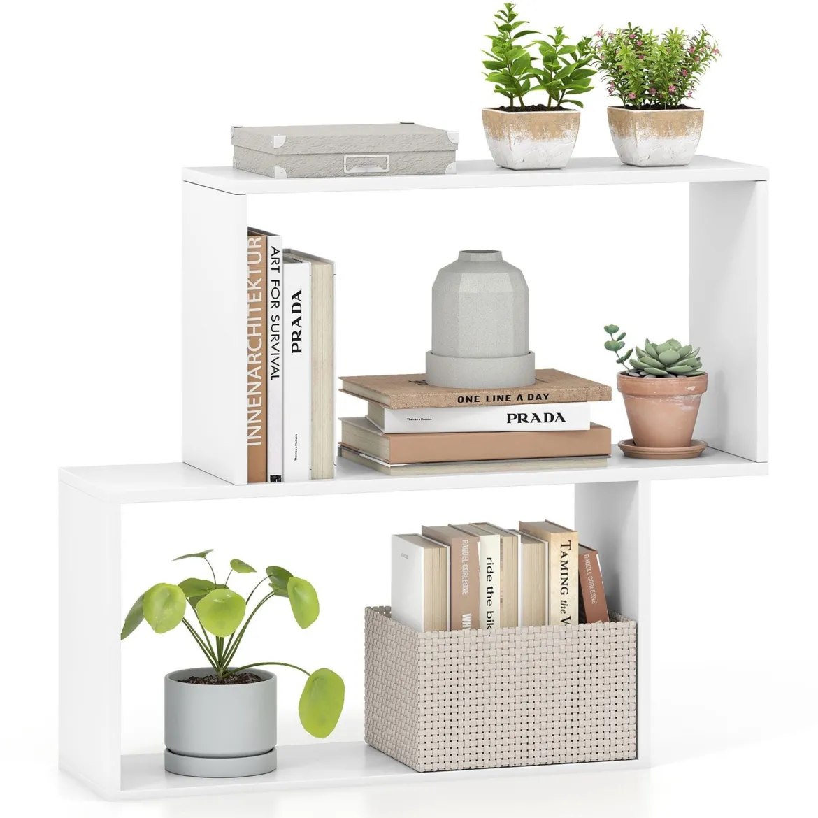 3-stöckiges geometrisches Bücherregal freistehendes Holzregal mit 2 würfelförmigen Fächern Natur/Weiß/Braun