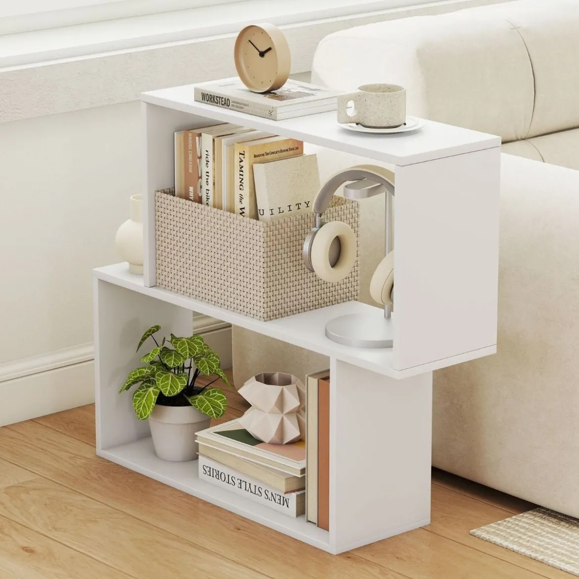 3-stöckiges geometrisches Bücherregal freistehendes Holzregal mit 2 würfelförmigen Fächern Natur/Weiß/Braun