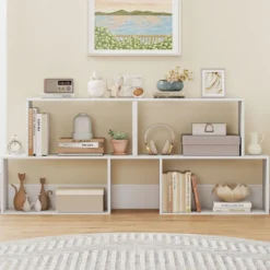 3-stöckiges geometrisches Bücherregal freistehendes Holzregal mit 2 würfelförmigen Fächern Natur/Weiß/Braun