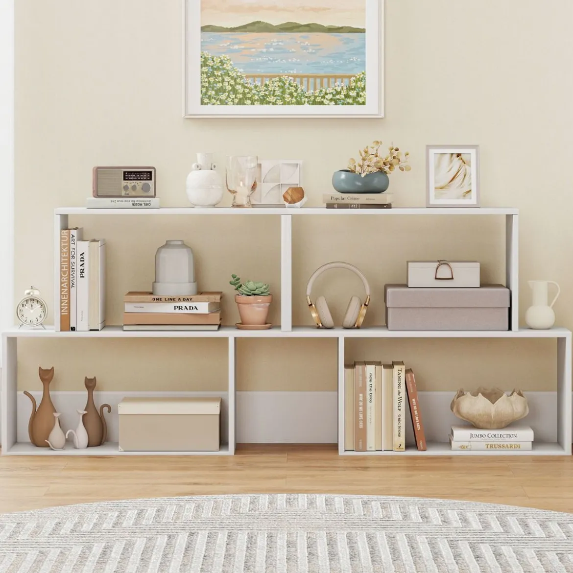 3-stöckiges geometrisches Bücherregal freistehendes Holzregal mit 2 würfelförmigen Fächern Natur/Weiß/Braun