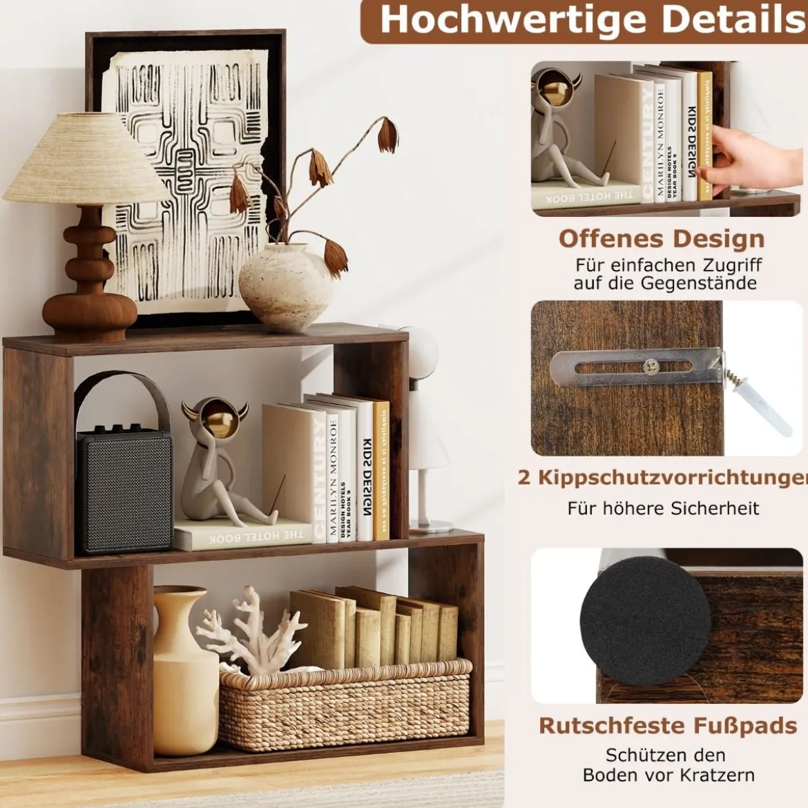 3-stöckiges geometrisches Bücherregal freistehendes Holzregal mit 2 würfelförmigen Fächern Natur/Weiß/Braun