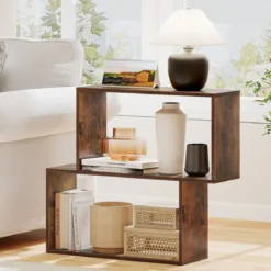 3-stöckiges geometrisches Bücherregal freistehendes Holzregal mit 2 würfelförmigen Fächern Natur/Weiß/Braun