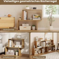 3-stöckiges geometrisches Bücherregal freistehendes Holzregal mit 2 würfelförmigen Fächern Natur/Weiß/Braun
