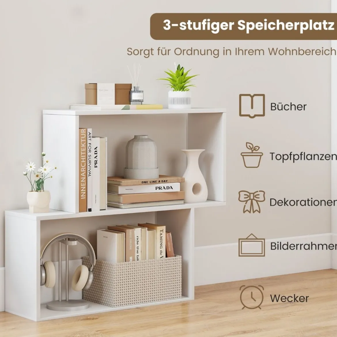 3-stöckiges geometrisches Bücherregal freistehendes Holzregal mit 2 würfelförmigen Fächern Natur/Weiß/Braun