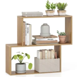 3-stöckiges geometrisches Bücherregal freistehendes Holzregal mit 2 würfelförmigen Fächern Natur/Weiß/Braun