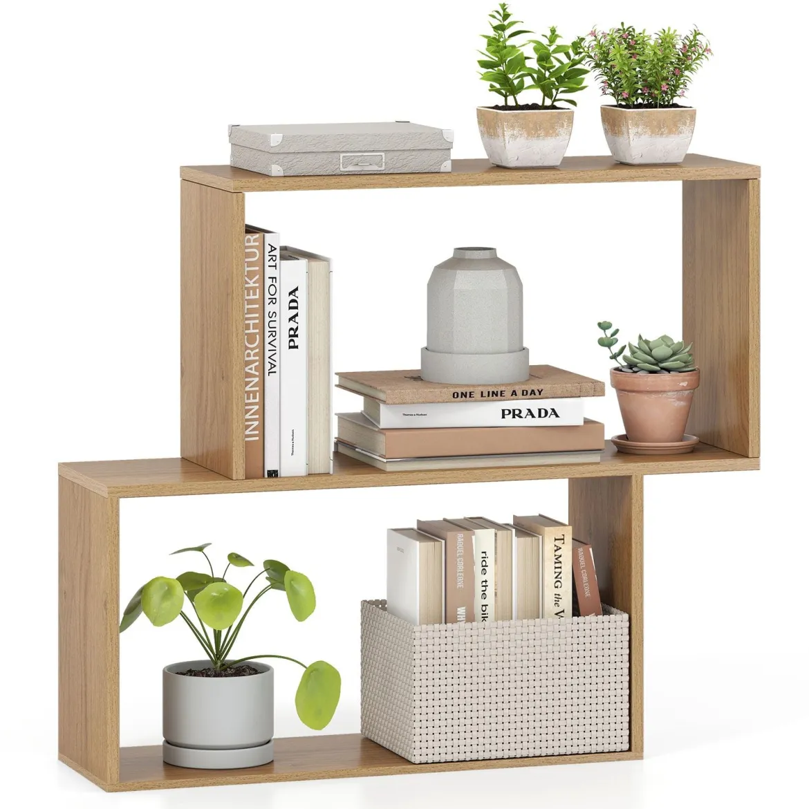 3-stöckiges geometrisches Bücherregal freistehendes Holzregal mit 2 würfelförmigen Fächern Natur/Weiß/Braun