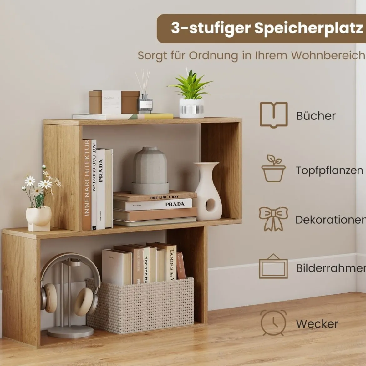 3-stöckiges geometrisches Bücherregal freistehendes Holzregal mit 2 würfelförmigen Fächern Natur/Weiß/Braun