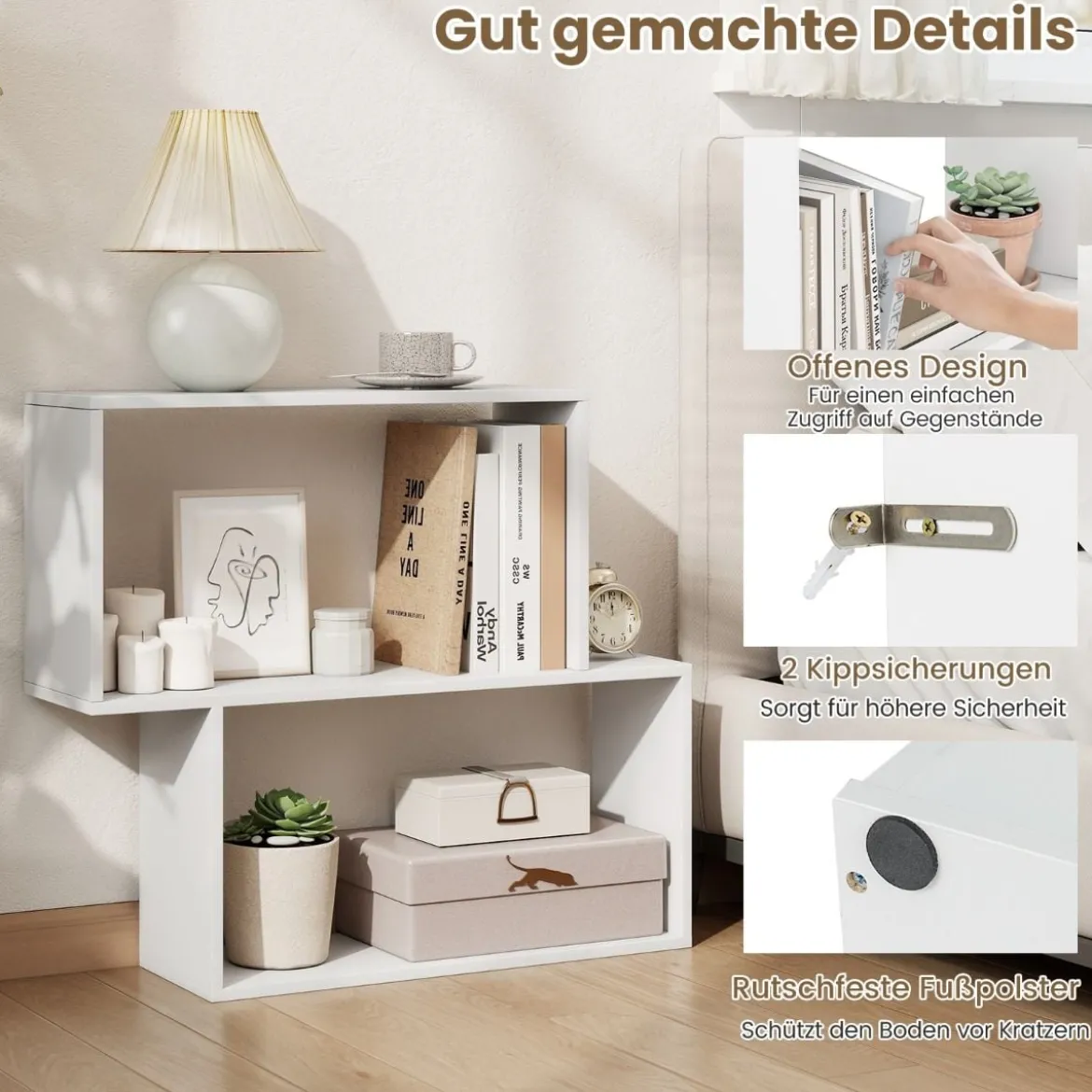 3-stöckiges geometrisches Bücherregal freistehendes Holzregal mit 2 würfelförmigen Fächern Natur/Weiß/Braun