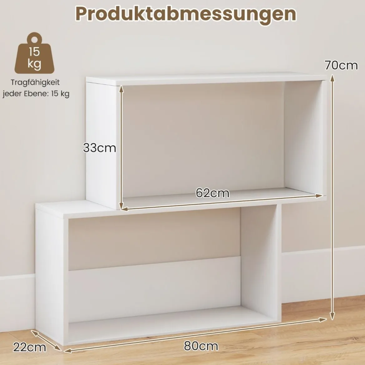 3-stöckiges geometrisches Bücherregal freistehendes Holzregal mit 2 würfelförmigen Fächern Natur/Weiß/Braun