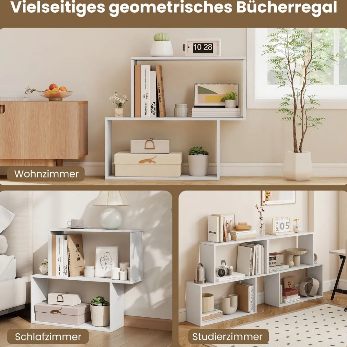 3-stöckiges geometrisches Bücherregal freistehendes Holzregal mit 2 würfelförmigen Fächern Natur/Weiß/Braun