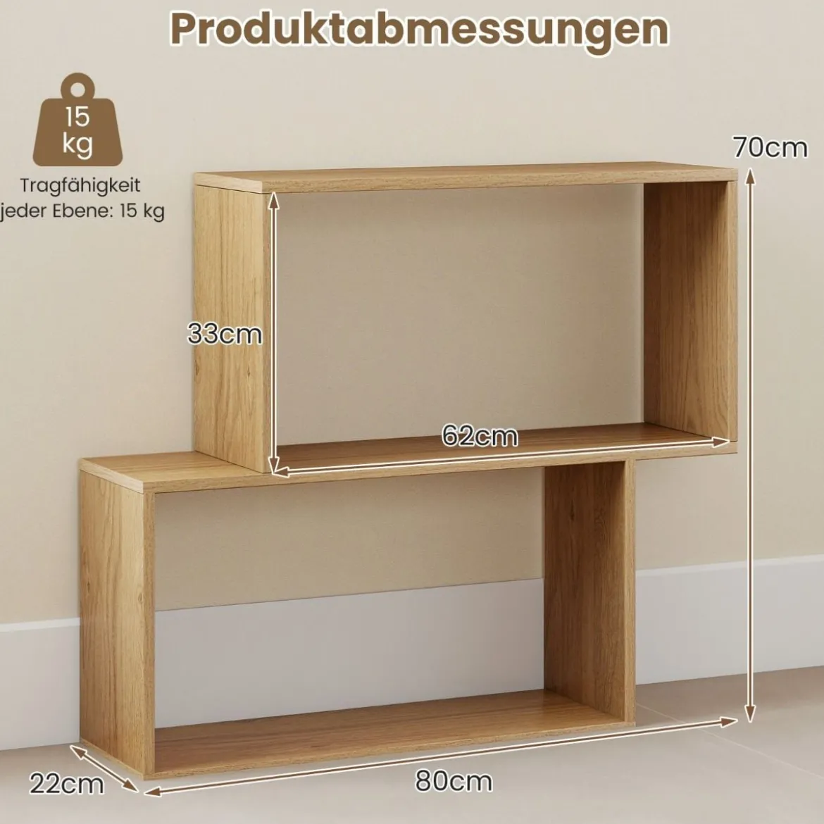 3-stöckiges geometrisches Bücherregal freistehendes Holzregal mit 2 würfelförmigen Fächern Natur/Weiß/Braun