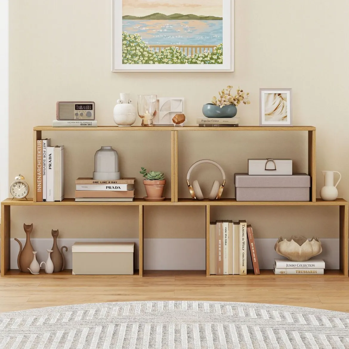 3-stöckiges geometrisches Bücherregal freistehendes Holzregal mit 2 würfelförmigen Fächern Natur/Weiß/Braun