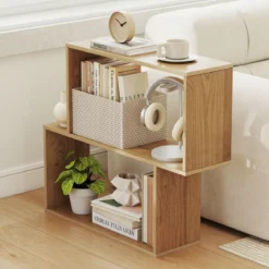 3-stöckiges geometrisches Bücherregal freistehendes Holzregal mit 2 würfelförmigen Fächern Natur/Weiß/Braun