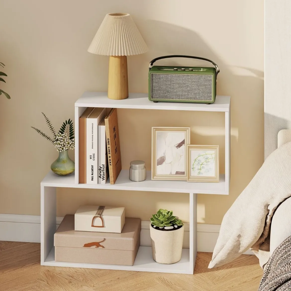 3-stöckiges geometrisches Bücherregal freistehendes Holzregal mit 2 würfelförmigen Fächern Natur/Weiß/Braun