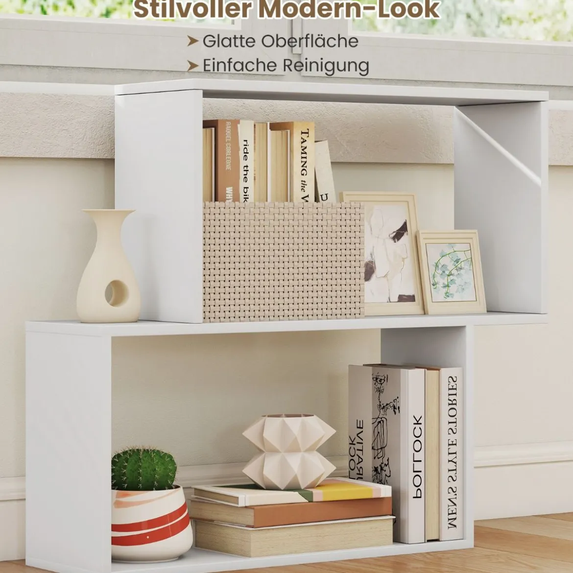 3-stöckiges geometrisches Bücherregal freistehendes Holzregal mit 2 würfelförmigen Fächern Natur/Weiß/Braun