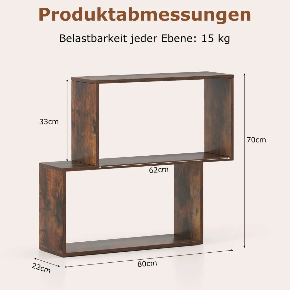 3-stöckiges geometrisches Bücherregal freistehendes Holzregal mit 2 würfelförmigen Fächern Natur/Weiß/Braun
