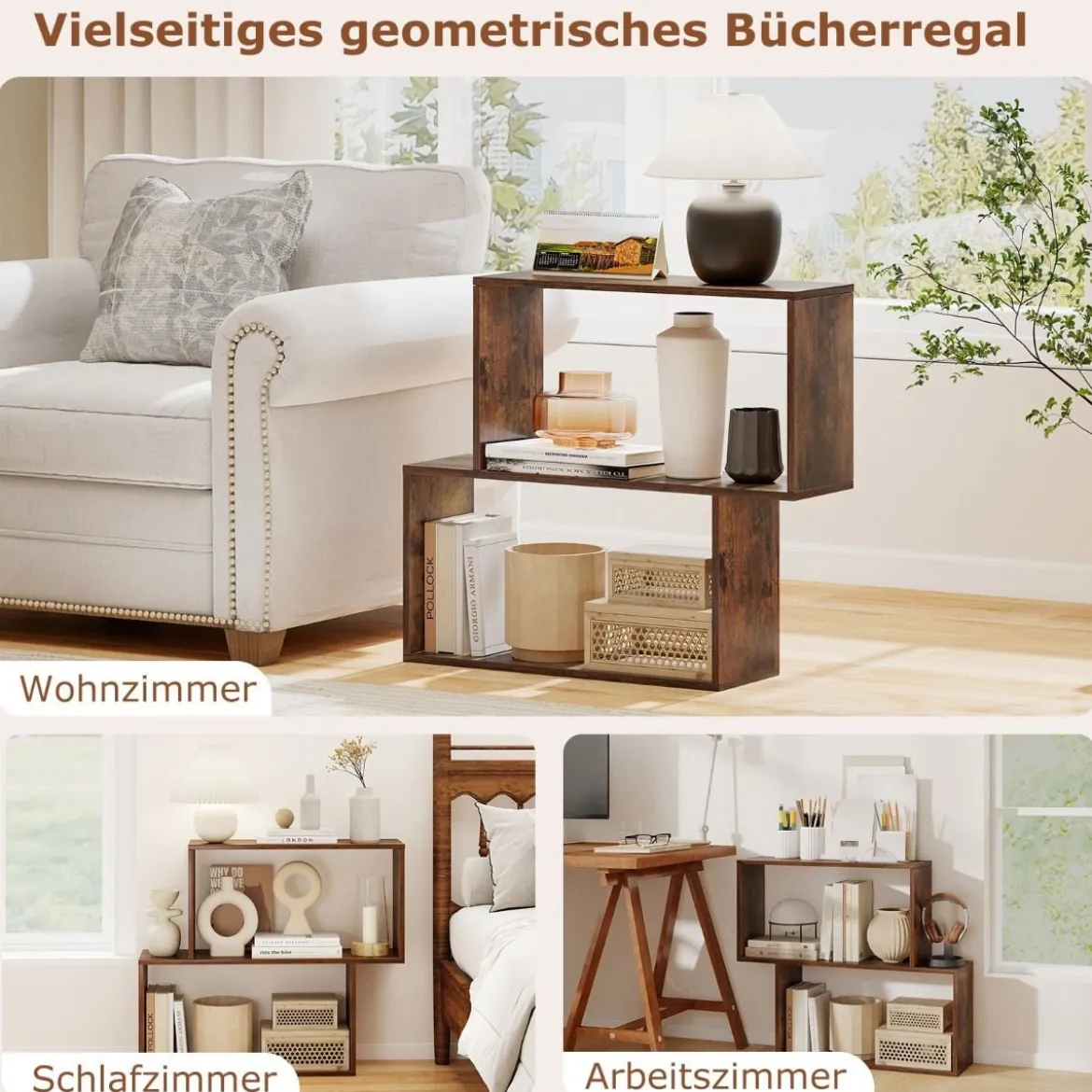 3-stöckiges geometrisches Bücherregal freistehendes Holzregal mit 2 würfelförmigen Fächern Natur/Weiß/Braun