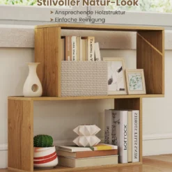 3-stöckiges geometrisches Bücherregal freistehendes Holzregal mit 2 würfelförmigen Fächern Natur/Weiß/Braun