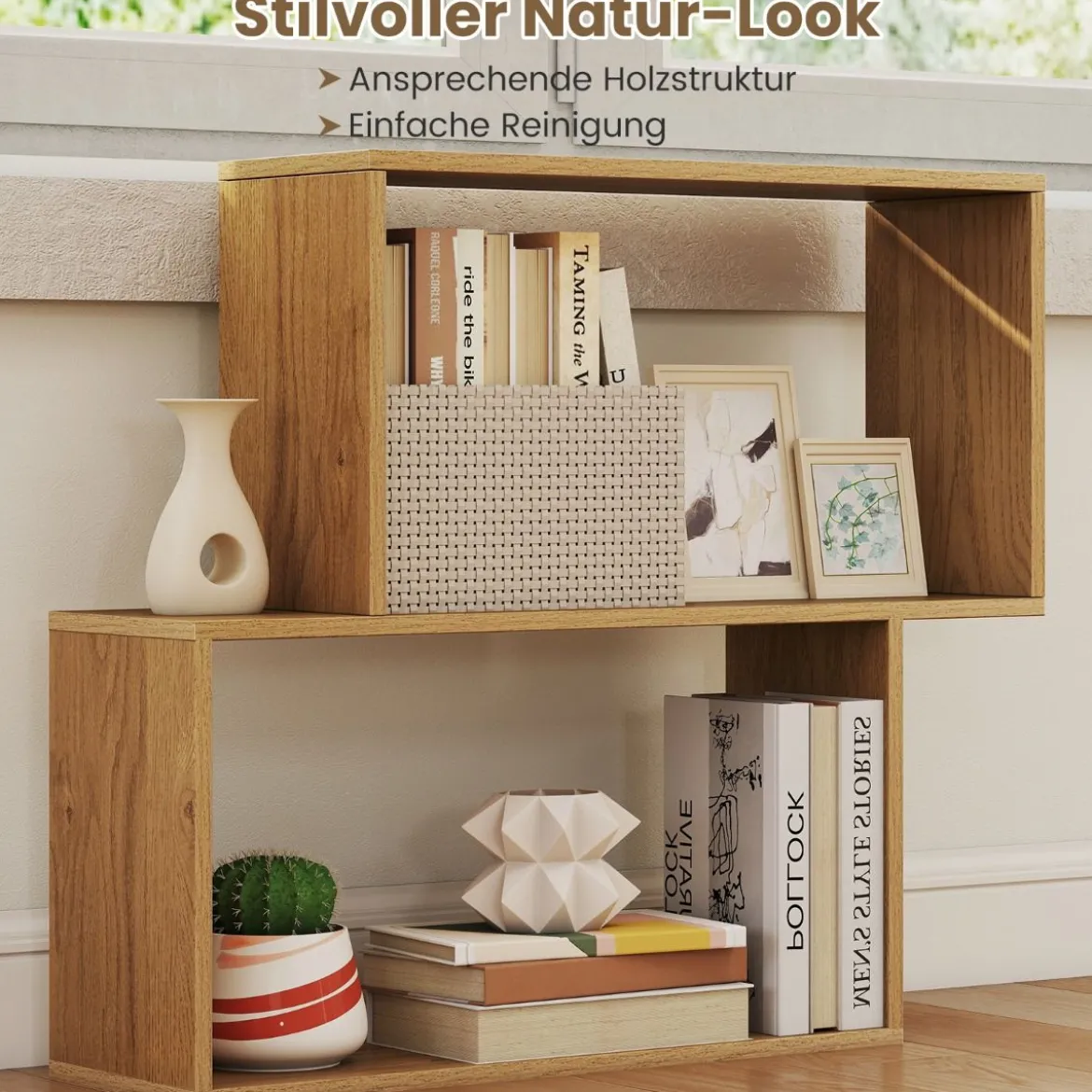 3-stöckiges geometrisches Bücherregal freistehendes Holzregal mit 2 würfelförmigen Fächern Natur/Weiß/Braun