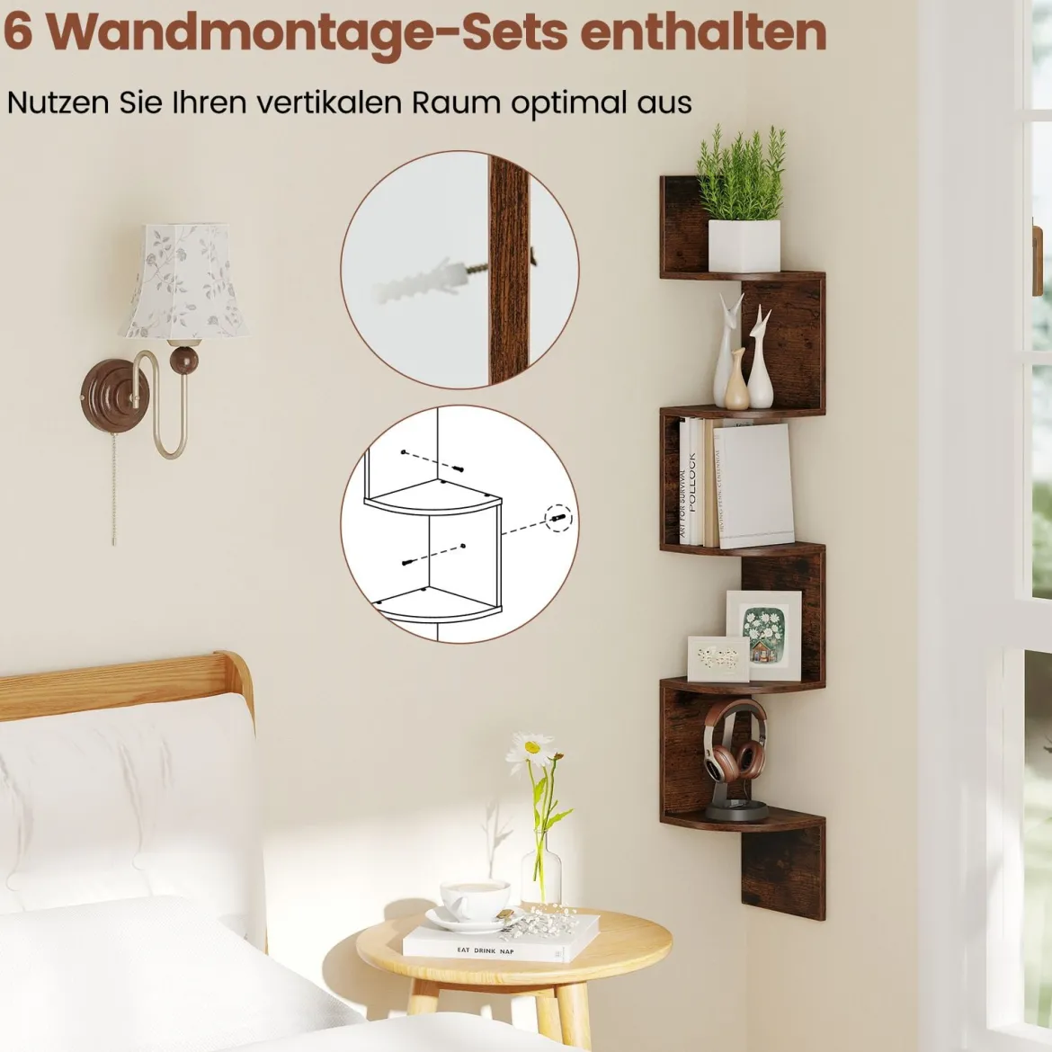 5-stöckiges Hängendes Eckregal Schwebendes Bücherregal Wandmontiertes Schweberegal Braun