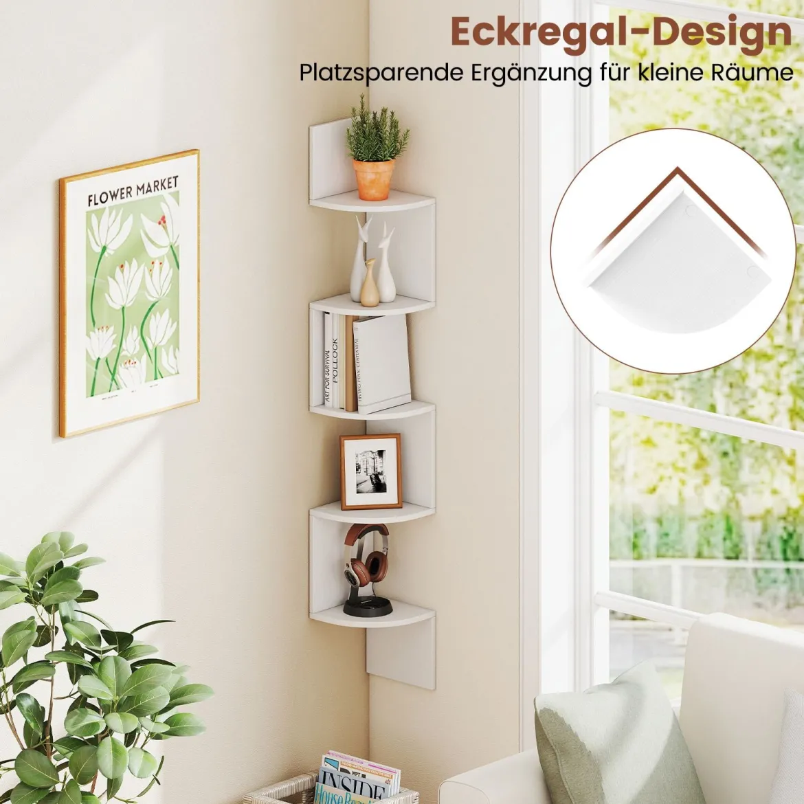 5-stöckiges Hängendes Eckregal Schwebendes Bücherregal Wandmontiertes Schweberegal Weiß