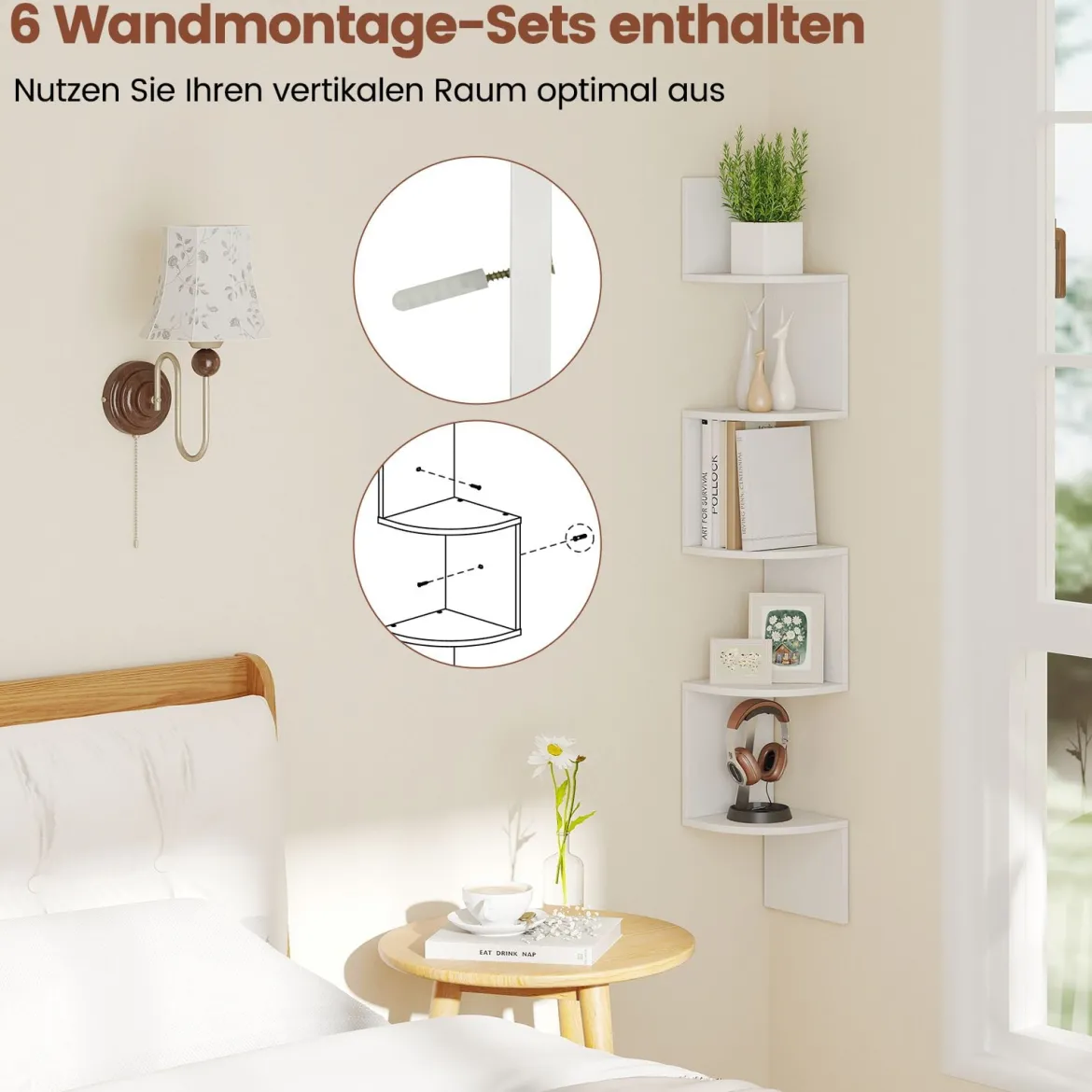5-stöckiges Hängendes Eckregal Schwebendes Bücherregal Wandmontiertes Schweberegal Weiß