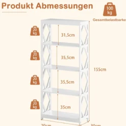 5-stöckiges hohes Bücherregal offenes Holzregal mit rhombischer Struktur Weiß