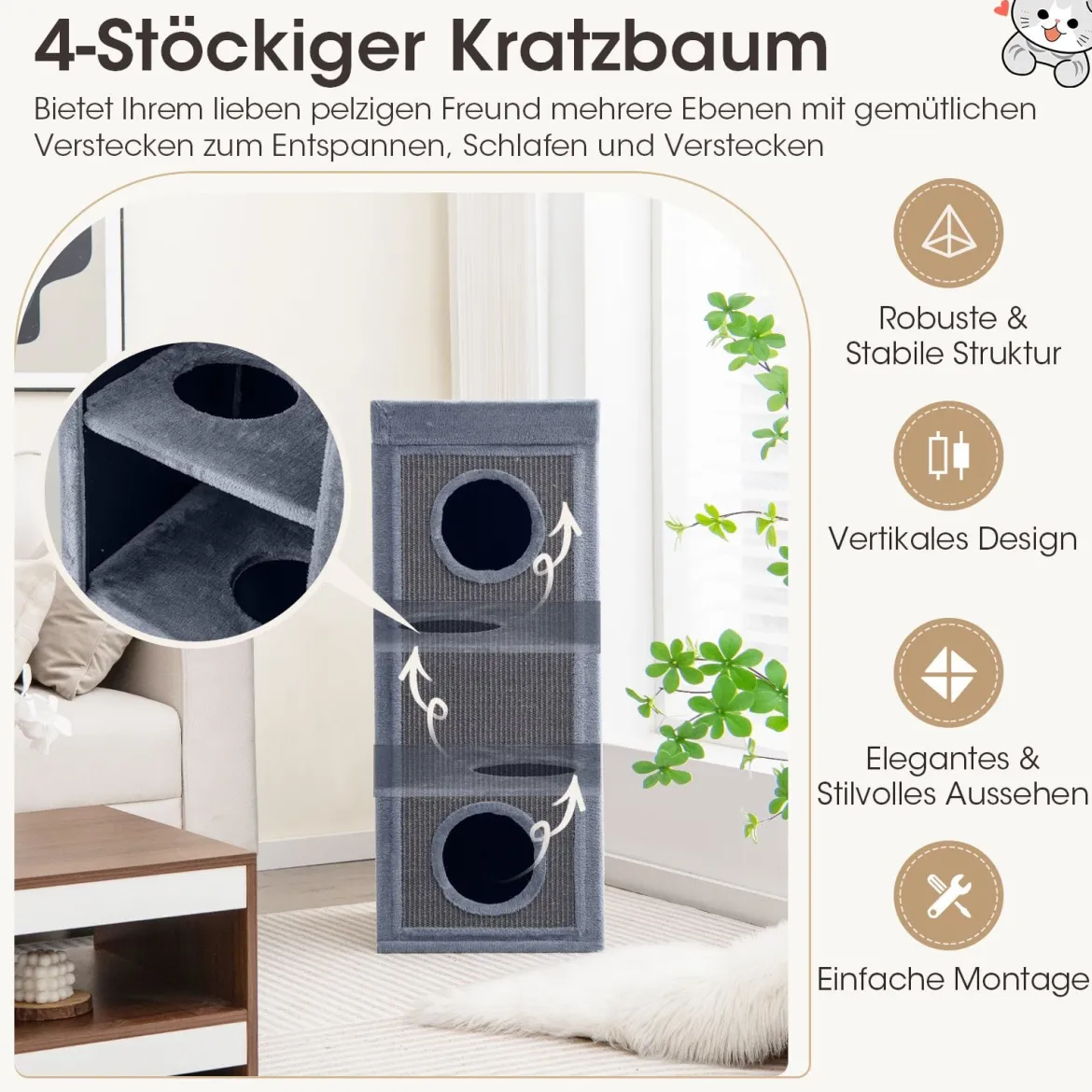 4-stöckiges Katzenhaus 99 cm Hoher Katzen-Kondominium mit Kratzpfosten 3 Verstecken Hellgrau