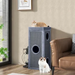 4-stöckiges Katzenhaus 99 cm Hoher Katzen-Kondominium mit Kratzpfosten 3 Verstecken Hellgrau