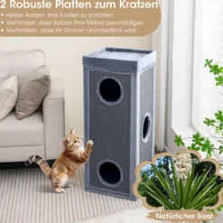4-stöckiges Katzenhaus 99 cm Hoher Katzen-Kondominium mit Kratzpfosten 3 Verstecken Hellgrau