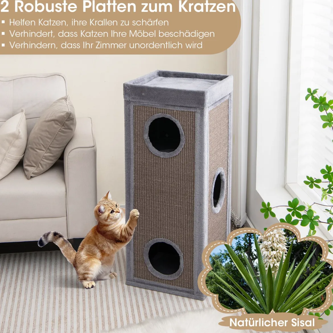 4-stöckiges Katzenhaus 99 cm hoher Katzen-Kondominium mit Kratzpfosten 3 Verstecken Grau