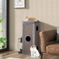 4-stöckiges Katzenhaus 99 cm hoher Katzen-Kondominium mit Kratzpfosten 3 Verstecken Grau