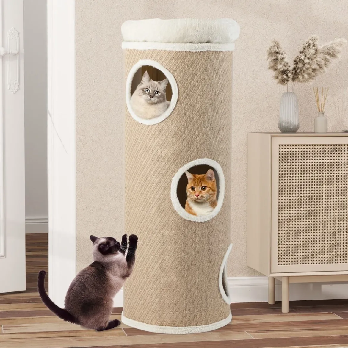 4-stöckiges Katzenhaus für mehrere Katzen erhöhter Haustier-Unterschlupf mit abnehmbarem Plüschbett Braun