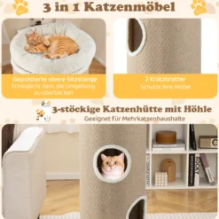 4-stöckiges Katzenhaus für mehrere Katzen erhöhter Haustier-Unterschlupf mit abnehmbarem Plüschbett Braun