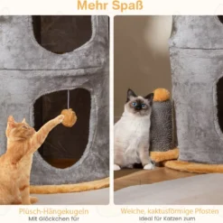 2-stöckiges Katzenhaus niedlicher kleiner Katzenbaum mit 2 gemütlichen Katzenhöhle Grau+Orange