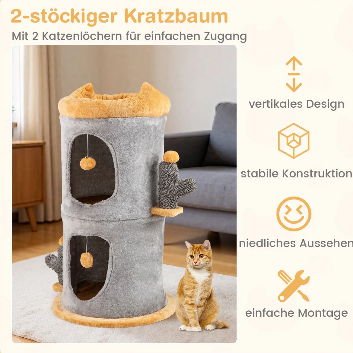 2-stöckiges Katzenhaus niedlicher kleiner Katzenbaum mit 2 gemütlichen Katzenhöhle Grau+Orange