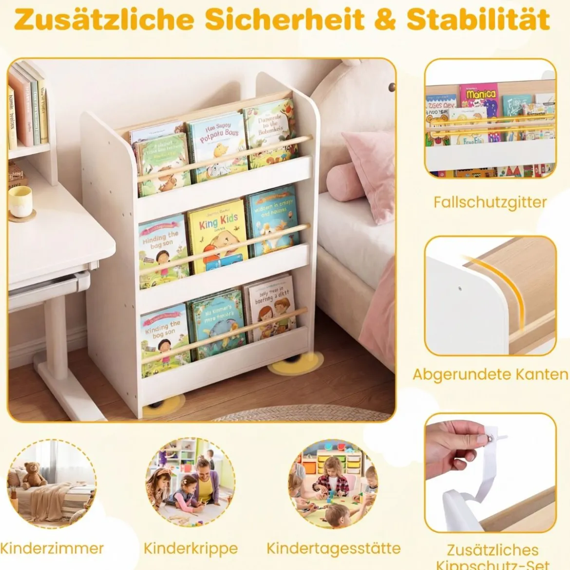 3-stöckiges Kinderbücherregal mit Rollen doppelseitige Buchanzeige & Aufbewahrungswagen Weiß