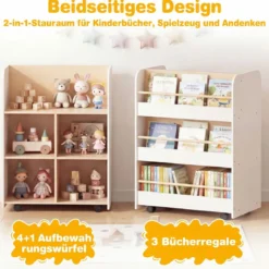 3-stöckiges Kinderbücherregal mit Rollen doppelseitige Buchanzeige & Aufbewahrungswagen Weiß