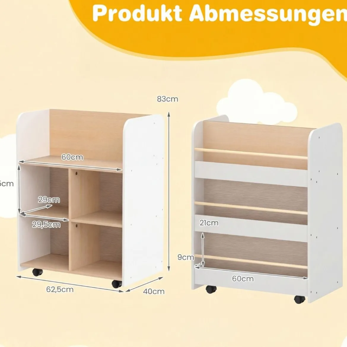 3-stöckiges Kinderbücherregal mit Rollen doppelseitige Buchanzeige & Aufbewahrungswagen Weiß